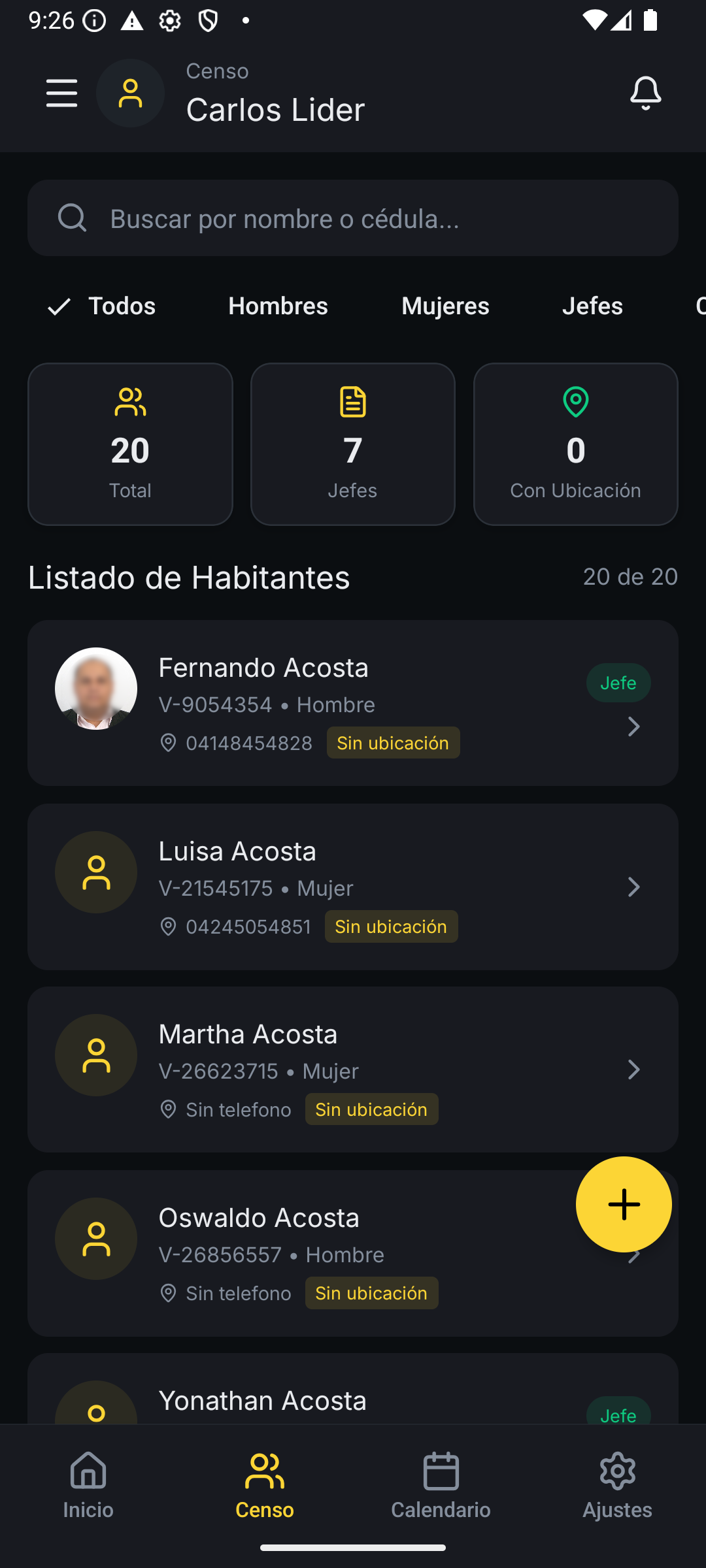 Pantalla de censo digital comunal en la app móvil