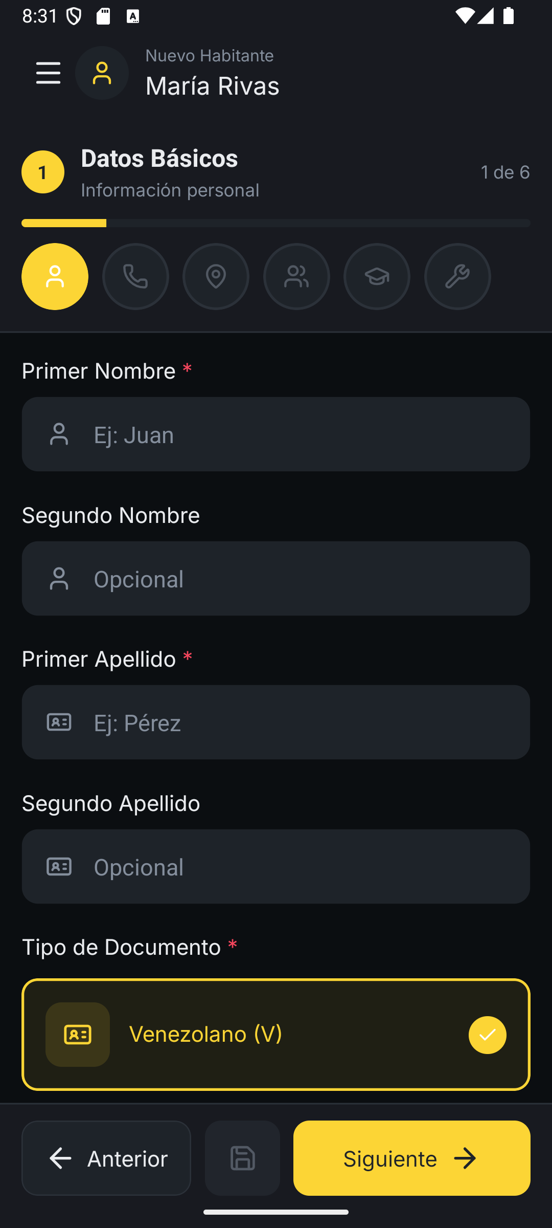 Formulario de registro en la app móvil