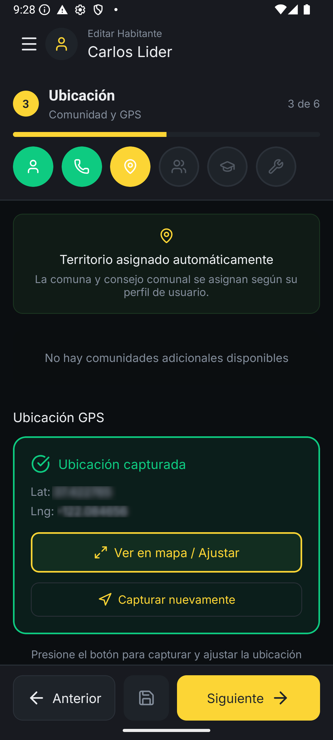 Registro de habitante con GPS en la app móvil